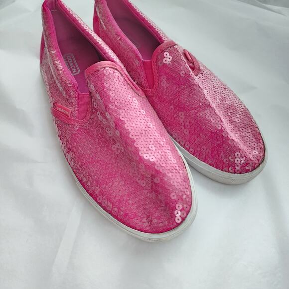 Coach Kivy Slip On Shoes resort Size 8.5 Pink Sequin C Signature Logo Loafers - Picture 2 of 10